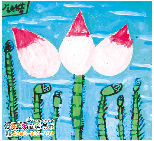 儿童画 荷花和青蛙 - 开开彩乐创意美术